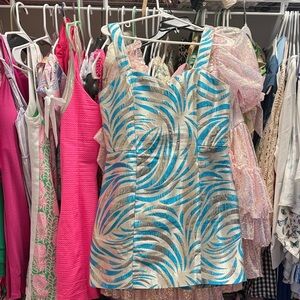 Lilly Pulitzer Blue and Silver Brocade Patterned Dress/romper size 6